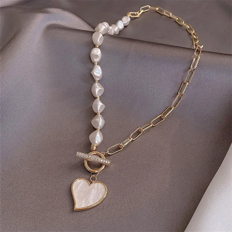 Luxurious Multi-Style Pearl Accented Chain with Heart Pendant Necklaces