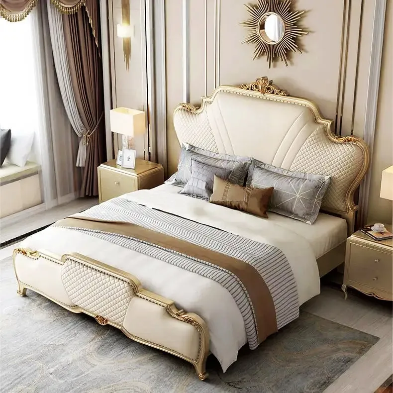 Luxury European Style Solid Teak Wood Upholstery Hand Carving Bed
