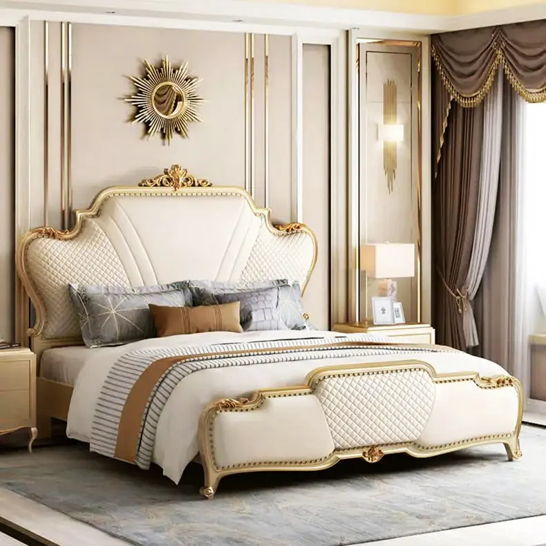 Luxury European Style Solid Teak Wood Upholstery Hand Carving Bed