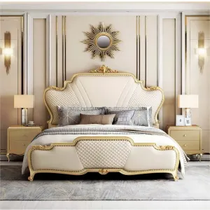 Luxury European Style Solid Teak Wood Upholstery Hand Carving Bed