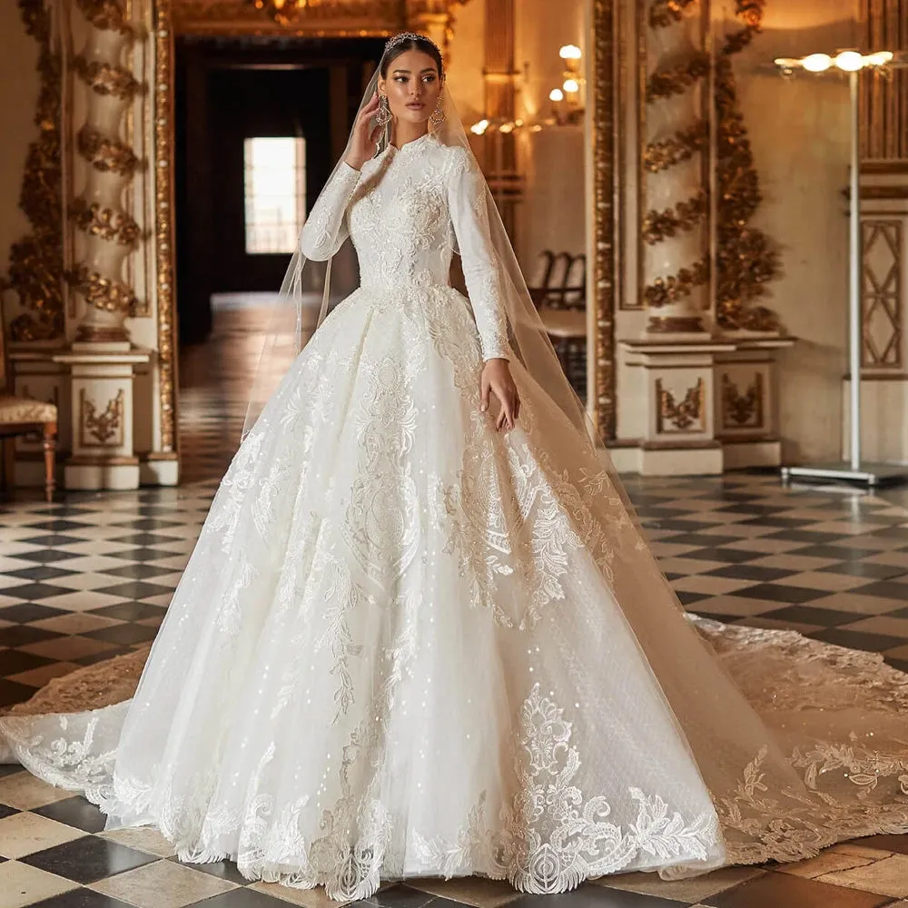 Luxury High Neck Long Sleeve A-Line Muslim Wedding Dresse Elegant Court Train Bridal Gown