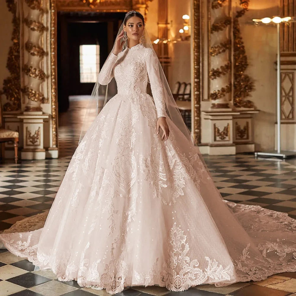 Luxury High Neck Long Sleeve A-Line Muslim Wedding Dresse Elegant Court Train Bridal Gown