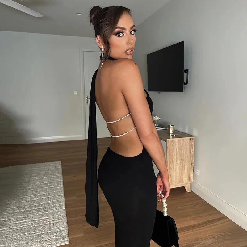 LVSANW CUTENOVA Women Slash Neck Dress Halter Sleeveless Backless Dress Pearl Strap Noble Elegant Dresses Party Evening Gowns