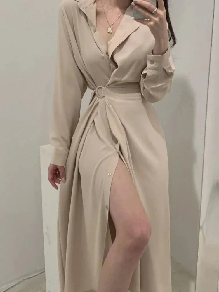 LVSANW Deeptown Korean Style Black Midi One Piece Dress Women Coquette Shirt Holiday Dresses Elegant Spilt Long Sleeve Winter Vestidos