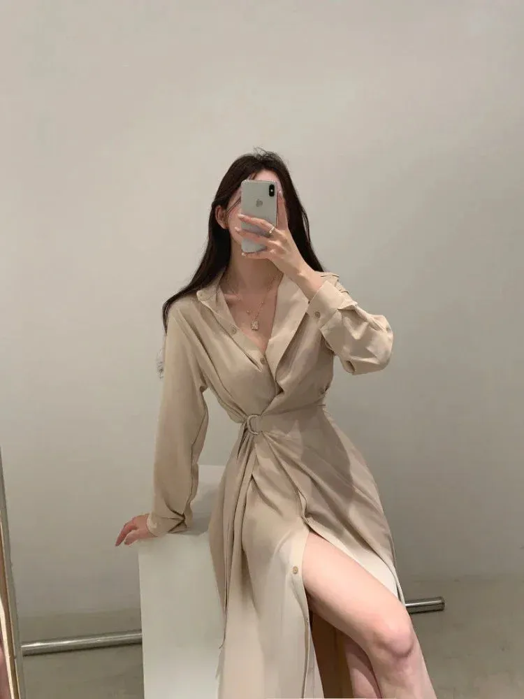 LVSANW Deeptown Korean Style Black Midi One Piece Dress Women Coquette Shirt Holiday Dresses Elegant Spilt Long Sleeve Winter Vestidos