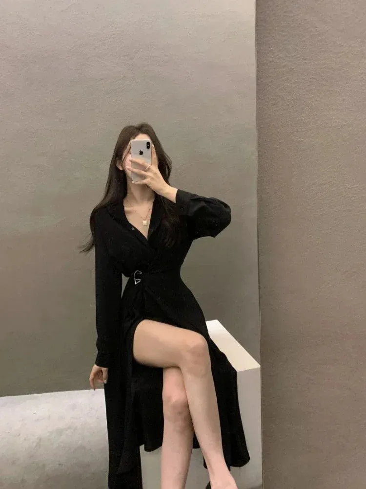 LVSANW Deeptown Korean Style Black Midi One Piece Dress Women Coquette Shirt Holiday Dresses Elegant Spilt Long Sleeve Winter Vestidos