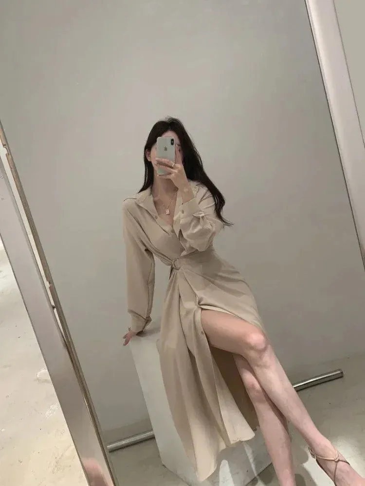 LVSANW Deeptown Korean Style Black Midi One Piece Dress Women Coquette Shirt Holiday Dresses Elegant Spilt Long Sleeve Winter Vestidos