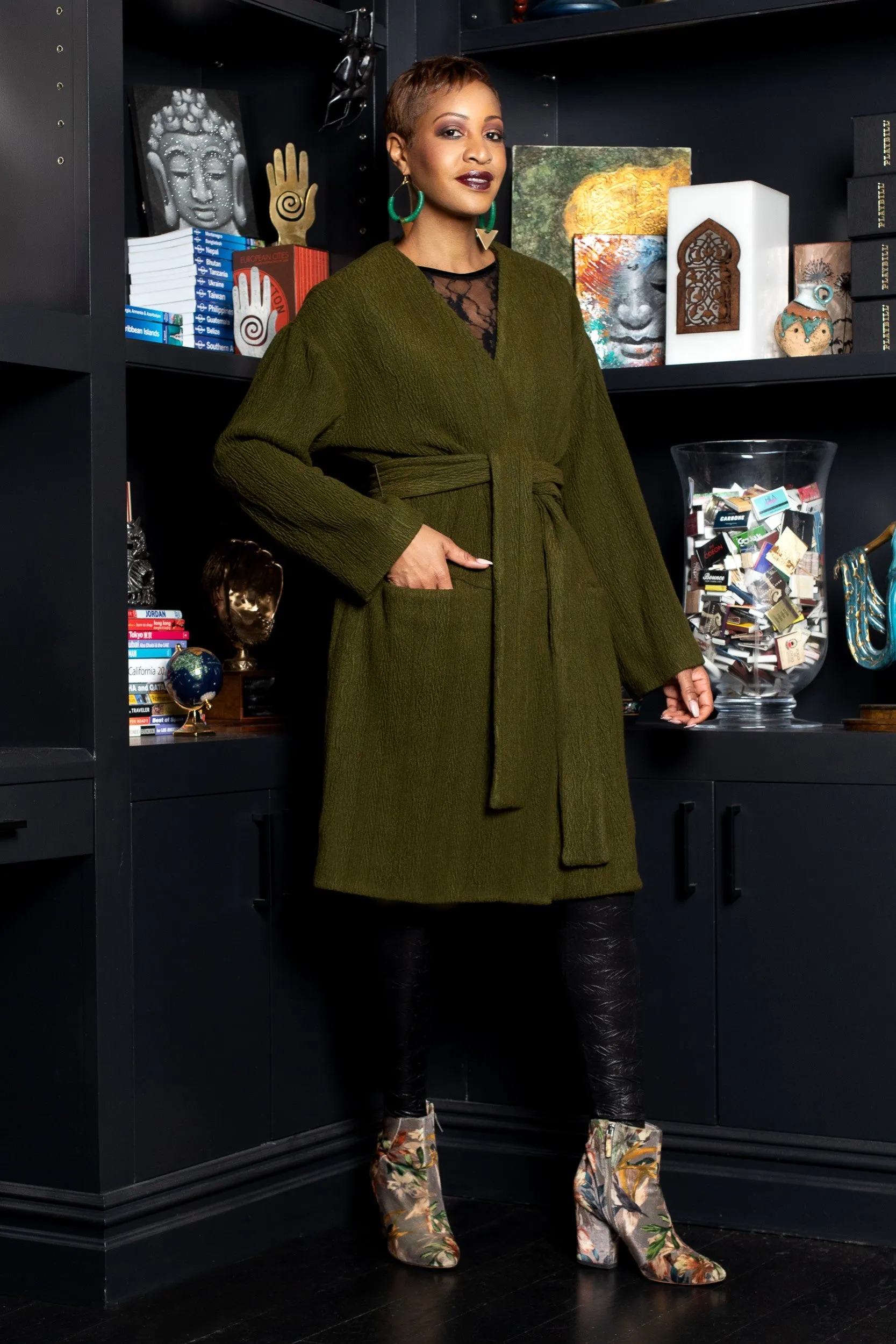 MADE TO ORDER: Olive Cable Knit Big Pocket Painter's Robe