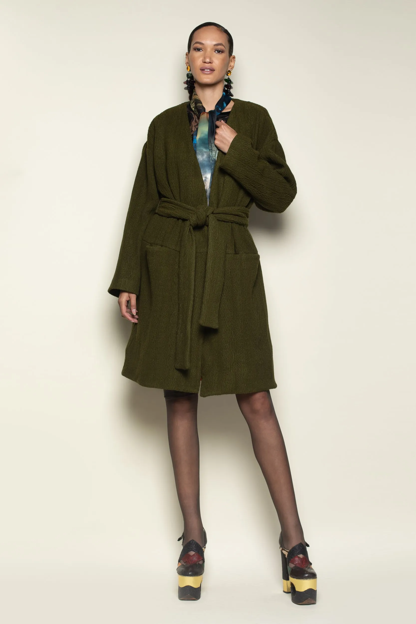 MADE TO ORDER: Olive Cable Knit Big Pocket Painter's Robe