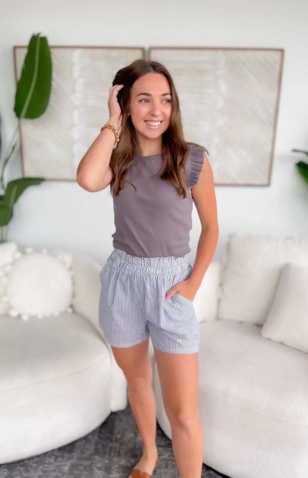 Madison Grey Striped Elastic Waist Shorts