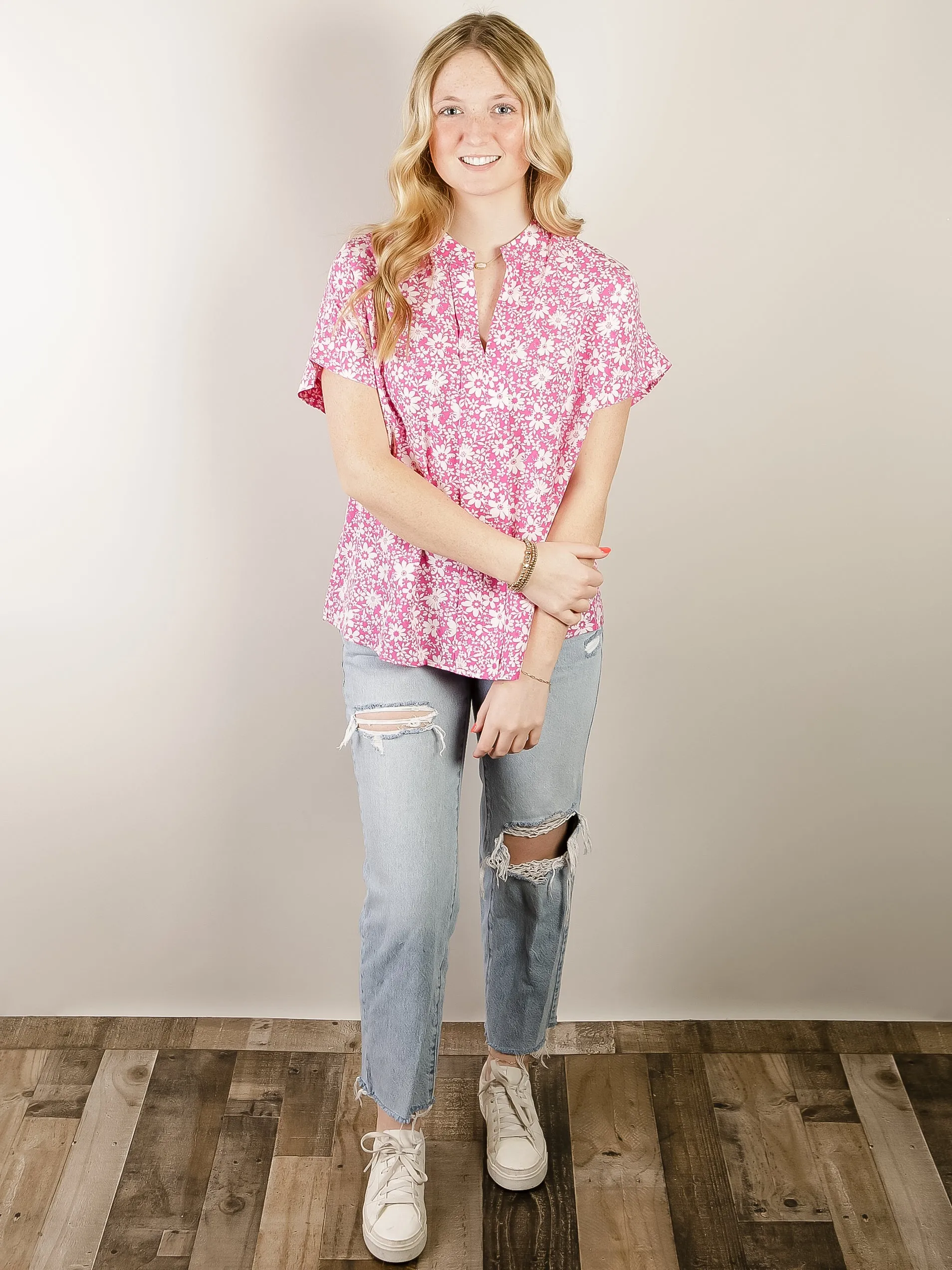 Magenta and White Floral V-Neck Blouse