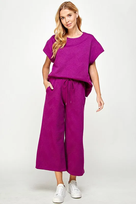 Magenta Textured Cropped Wide Pants