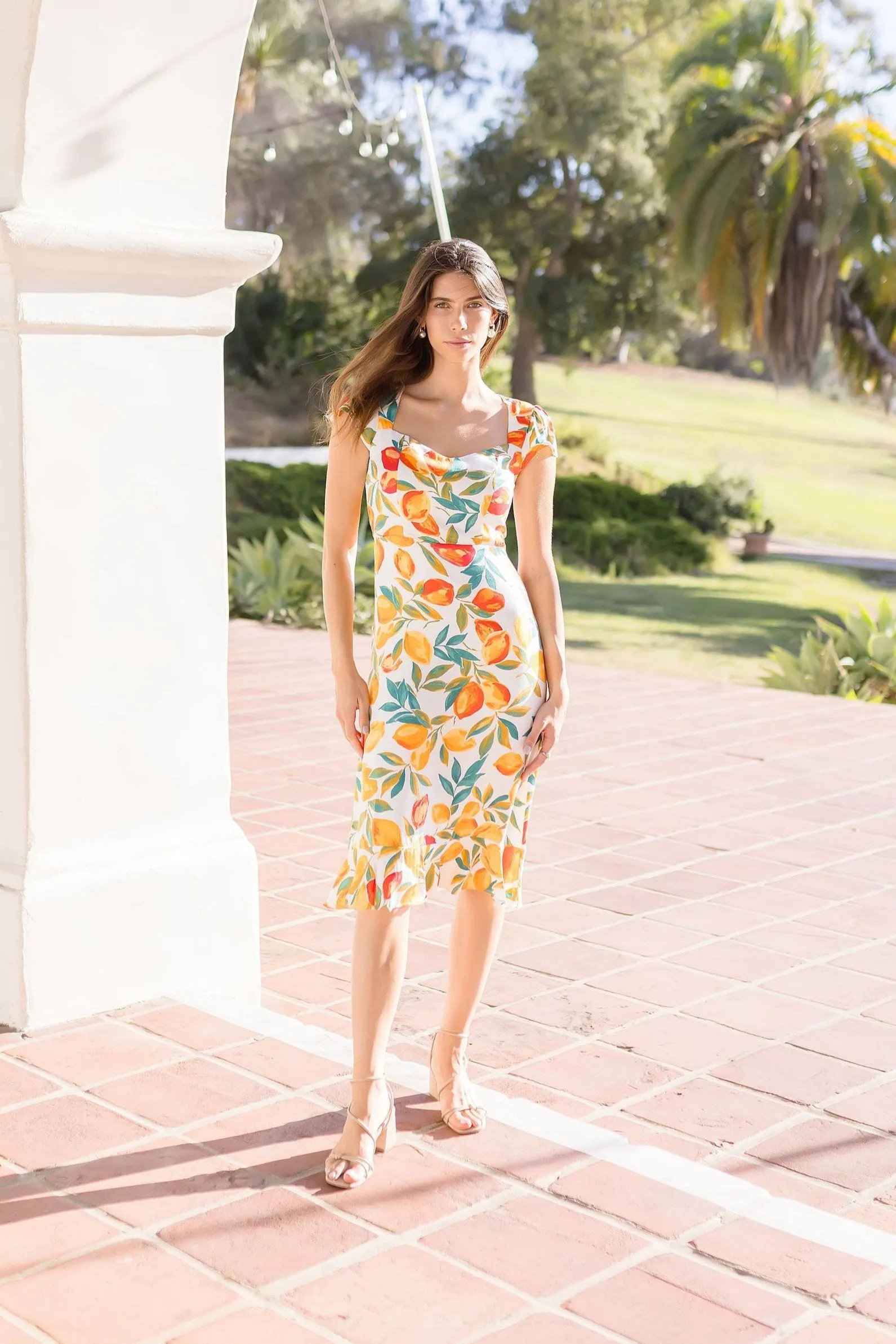 Maribel Short Cap Sleeve Lemon Print Midi Dress Yellow