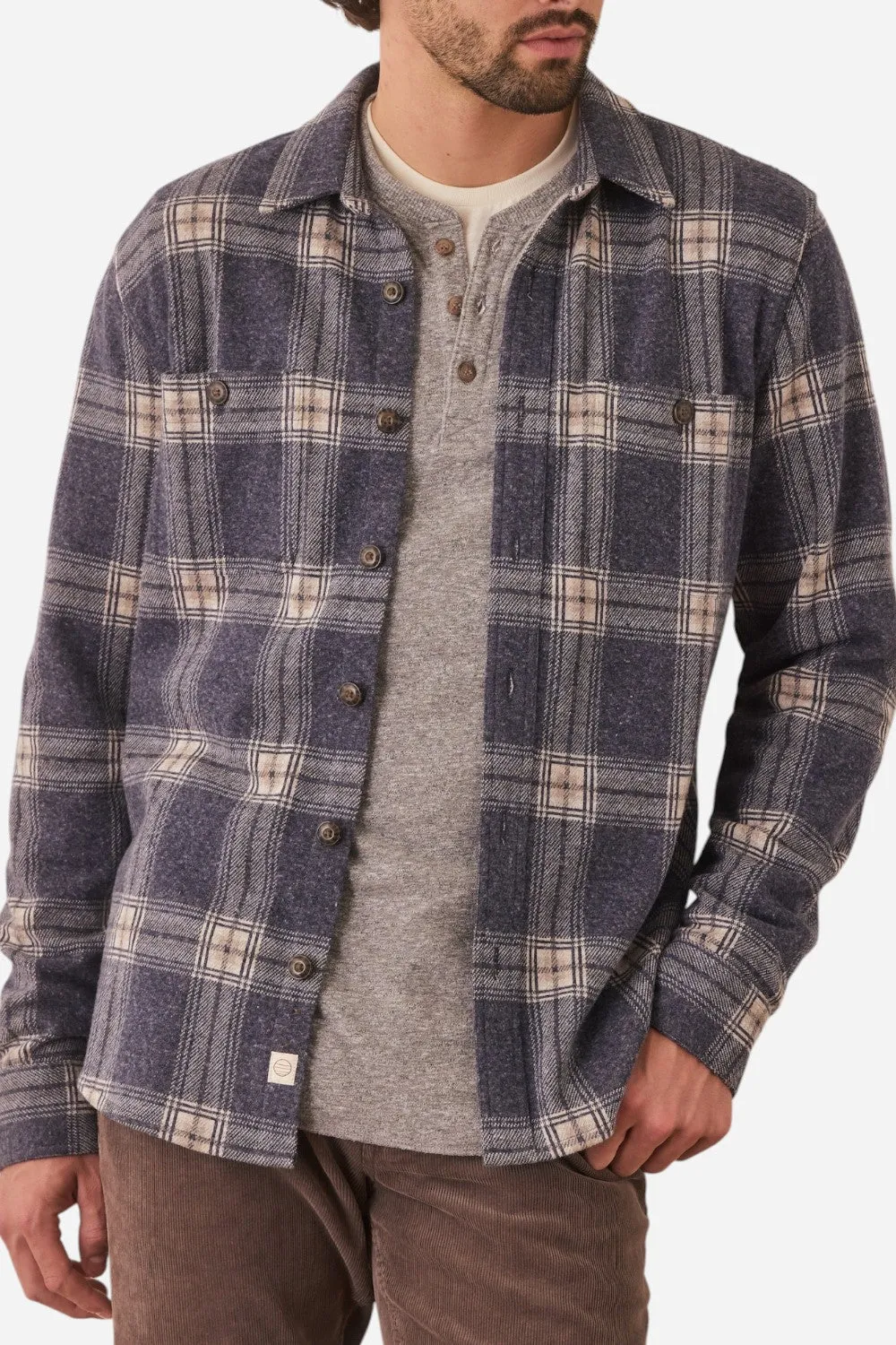 Marine Layer Pacifica Stretch Twill Shirt in Dark Blue Plaid