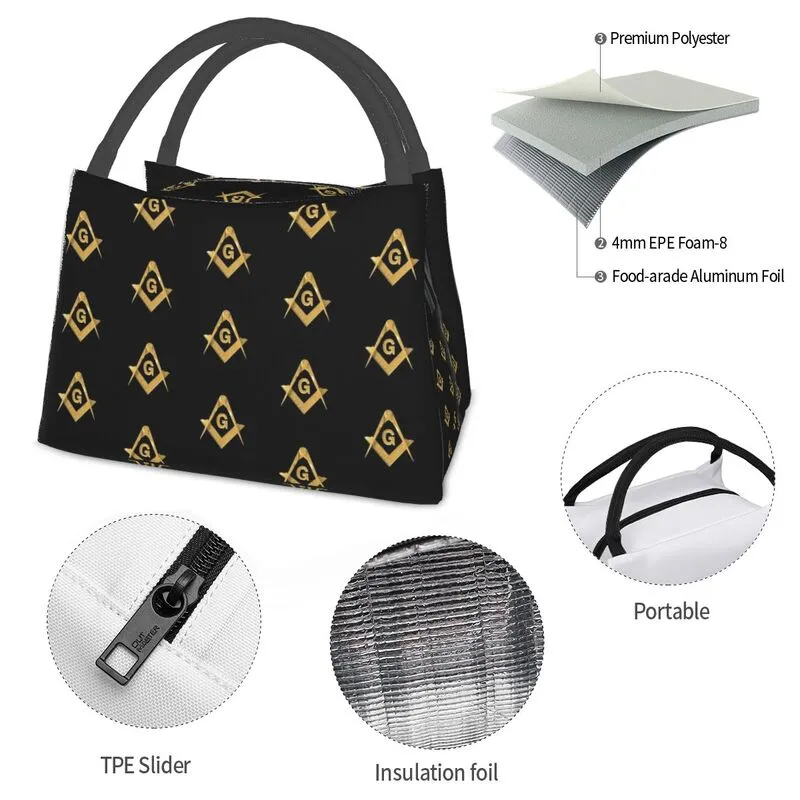Master Mason Blue Lodge Lunch Bag - Golden Black Square and Compass G Thermal Insulated