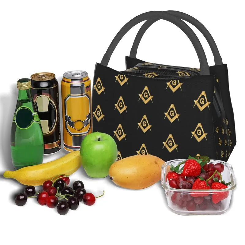 Master Mason Blue Lodge Lunch Bag - Golden Black Square and Compass G Thermal Insulated