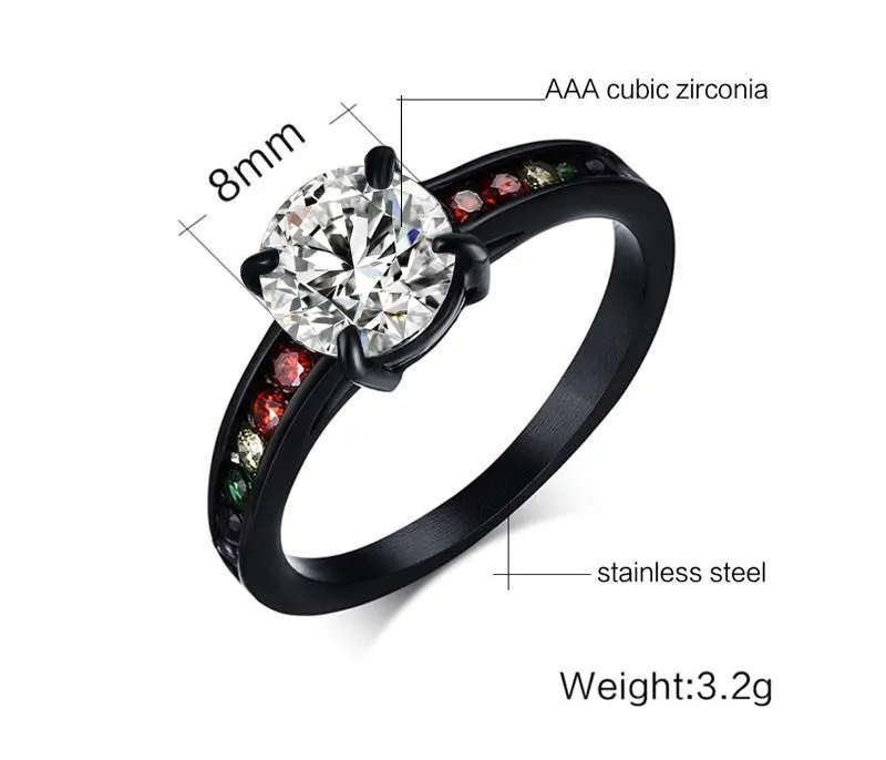 Matte Black Rainbow Rhinestones Ring
