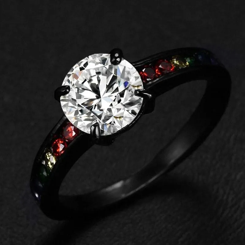 Matte Black Rainbow Rhinestones Ring