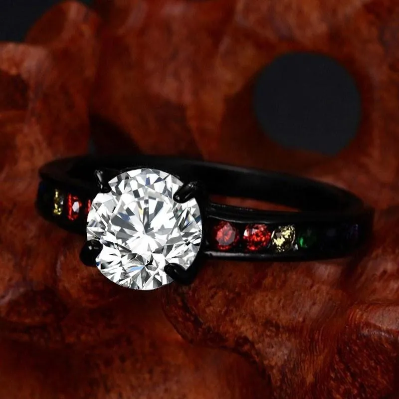 Matte Black Rainbow Rhinestones Ring