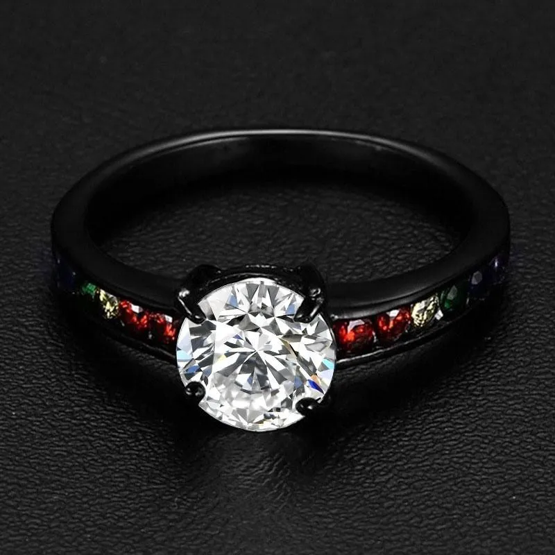 Matte Black Rainbow Rhinestones Ring