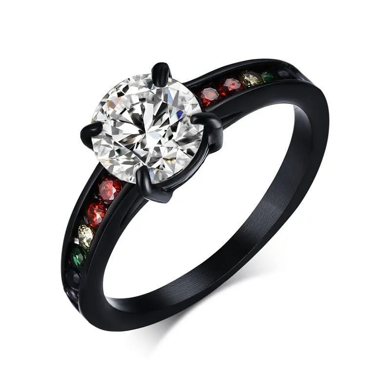 Matte Black Rainbow Rhinestones Ring