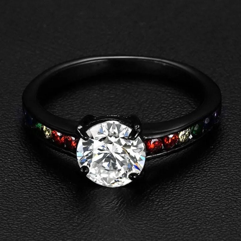 Matte Black Rainbow Rhinestones Ring