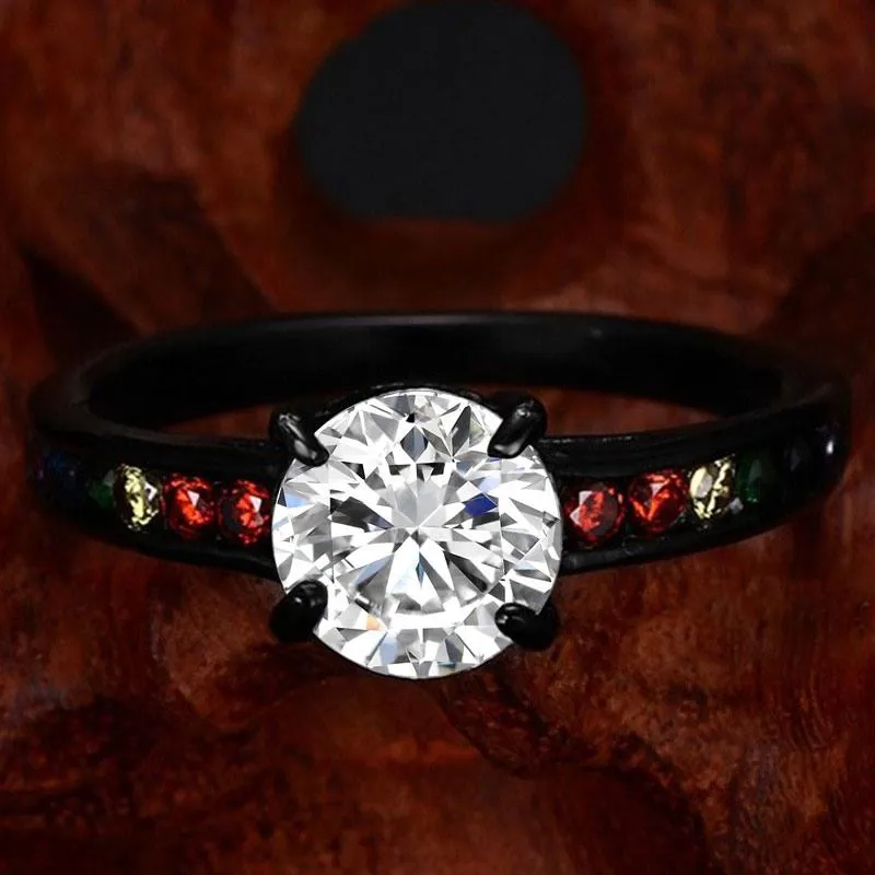 Matte Black Rainbow Rhinestones Ring