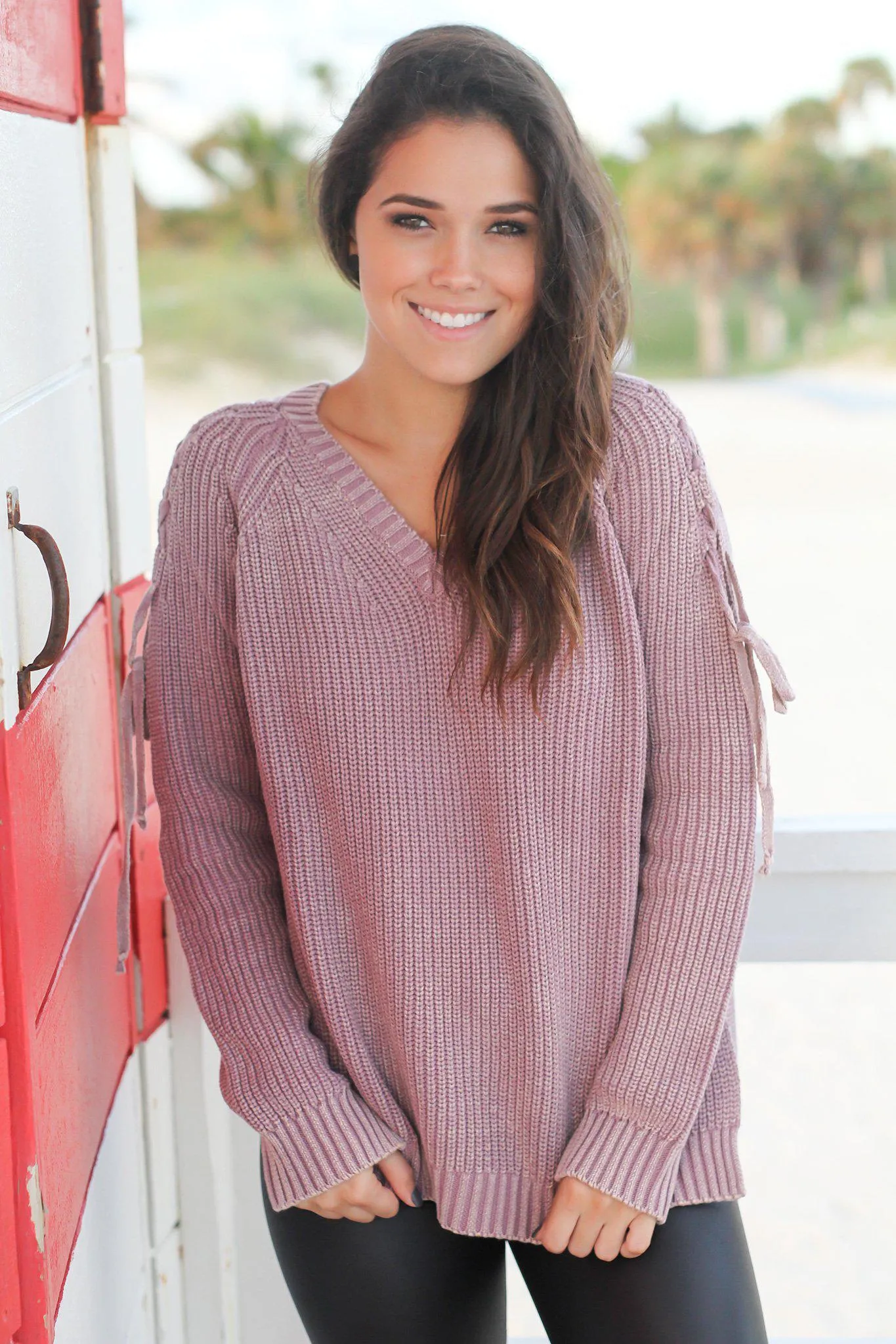 Mauve Knit Sweater with Lace Up Detail