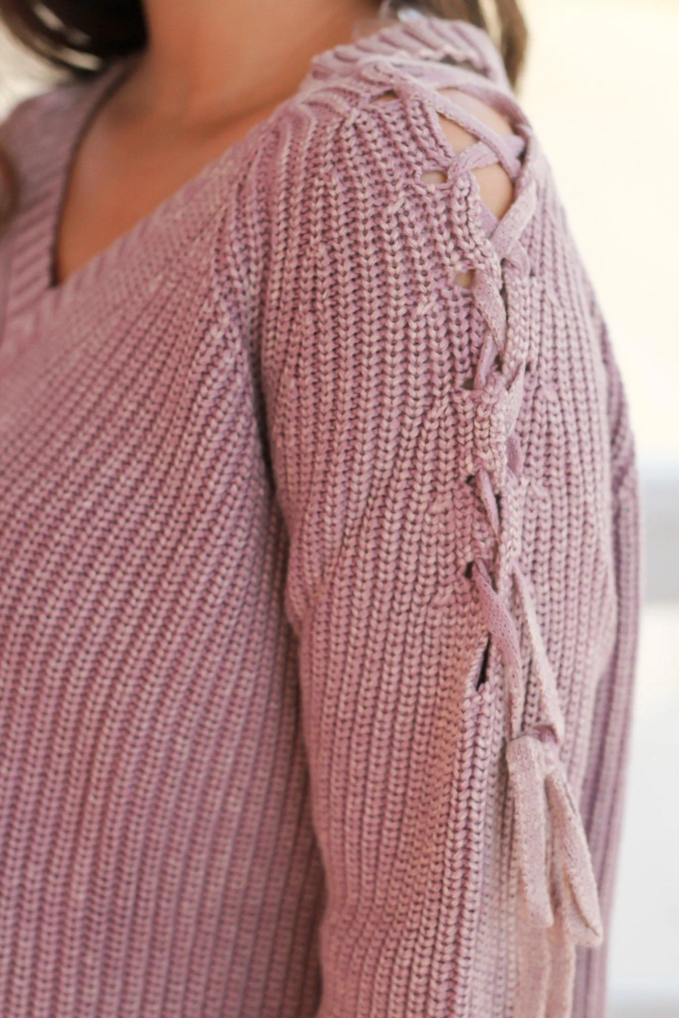 Mauve Knit Sweater with Lace Up Detail
