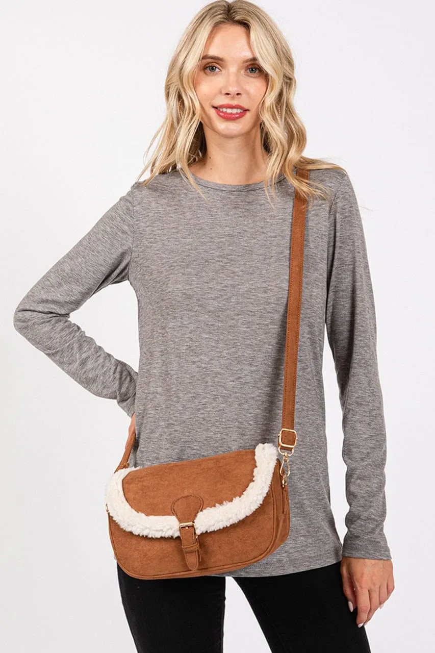 MB0261 Sherpa Trimmed Faux Suede Crossbody Bag