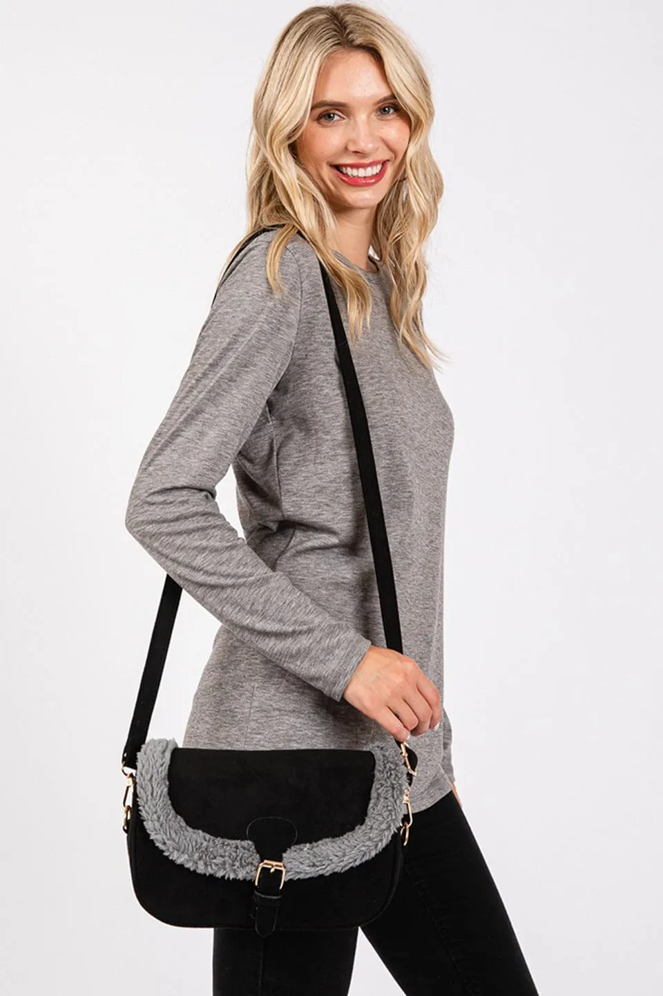 MB0261 Sherpa Trimmed Faux Suede Crossbody Bag