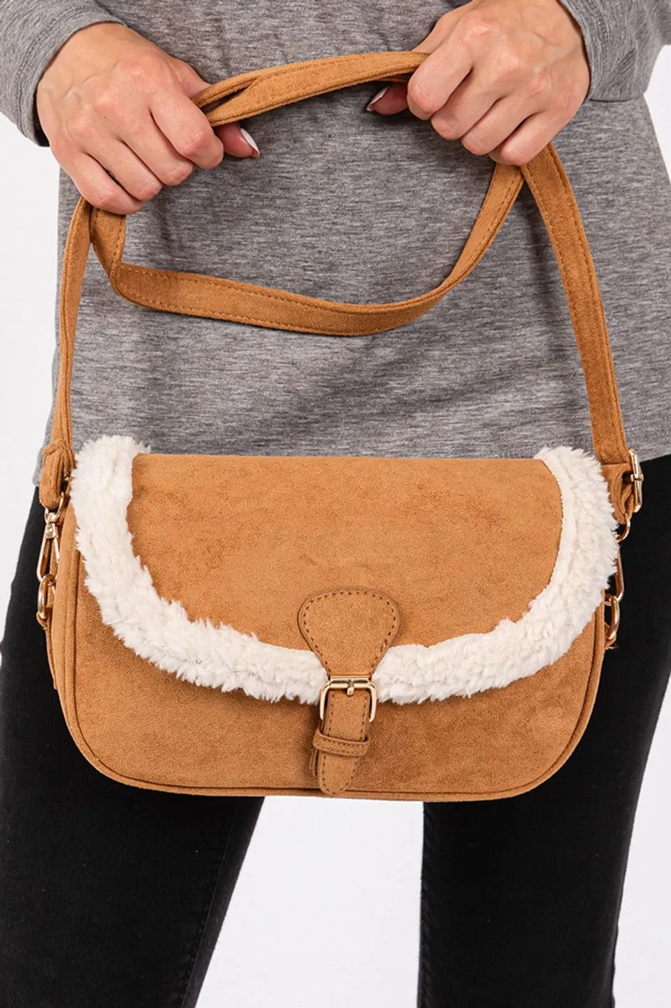MB0261 Sherpa Trimmed Faux Suede Crossbody Bag