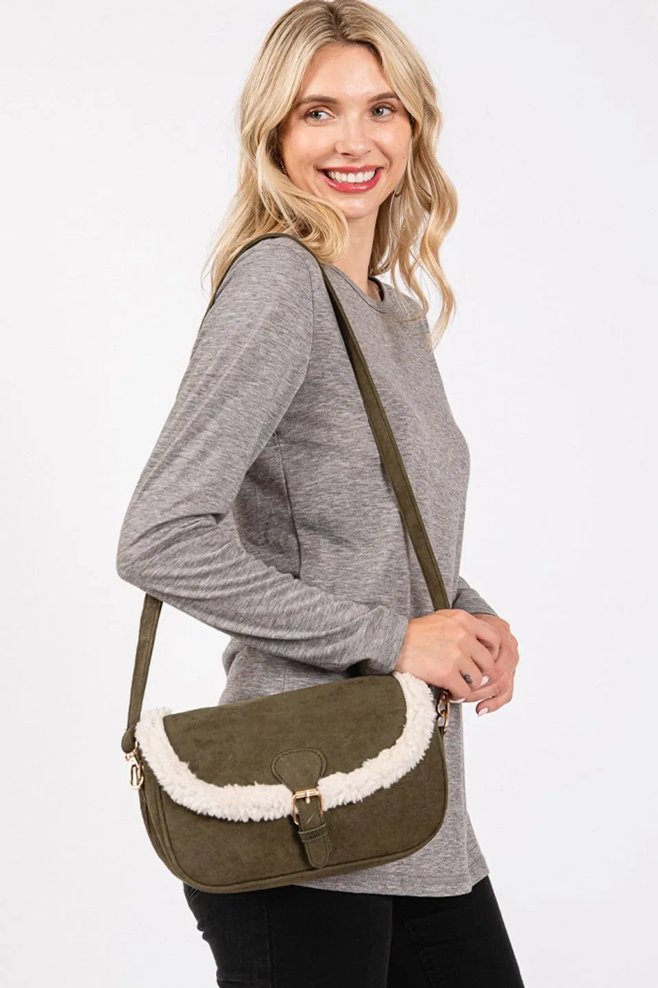 MB0261 Sherpa Trimmed Faux Suede Crossbody Bag