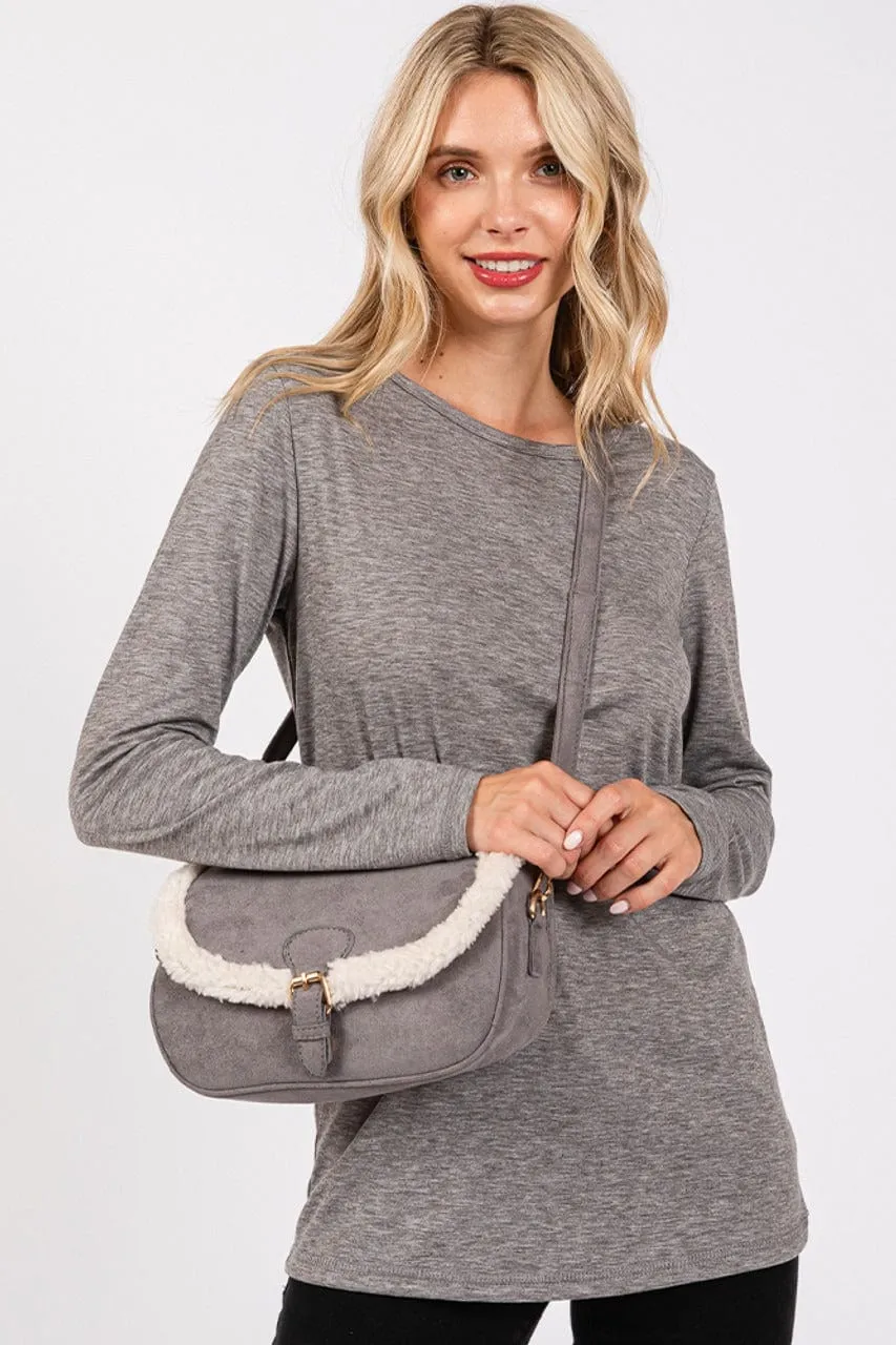 MB0261 Sherpa Trimmed Faux Suede Crossbody Bag