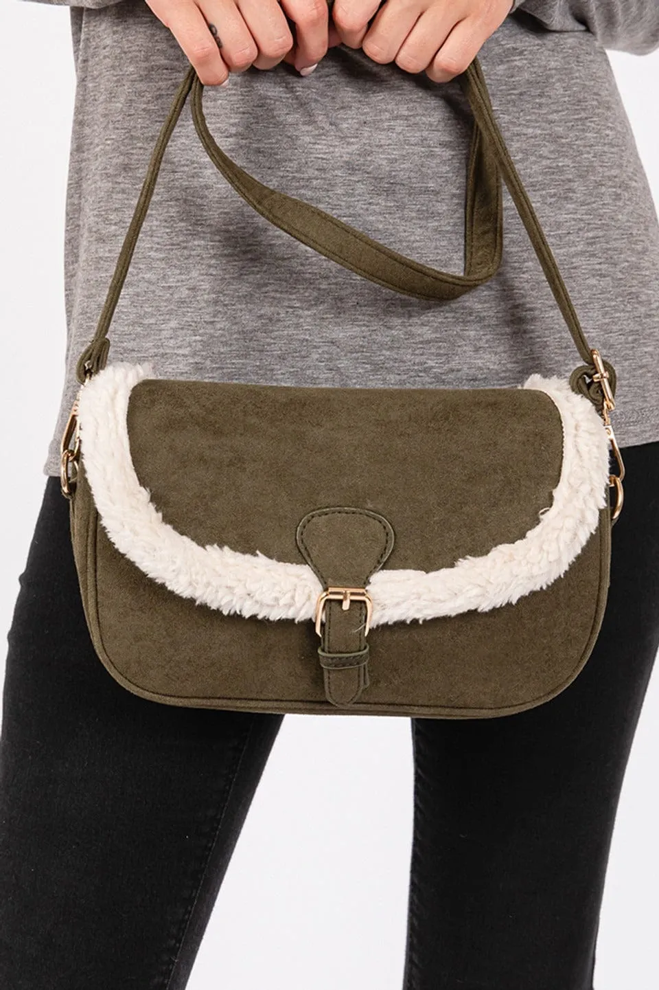 MB0261 Sherpa Trimmed Faux Suede Crossbody Bag
