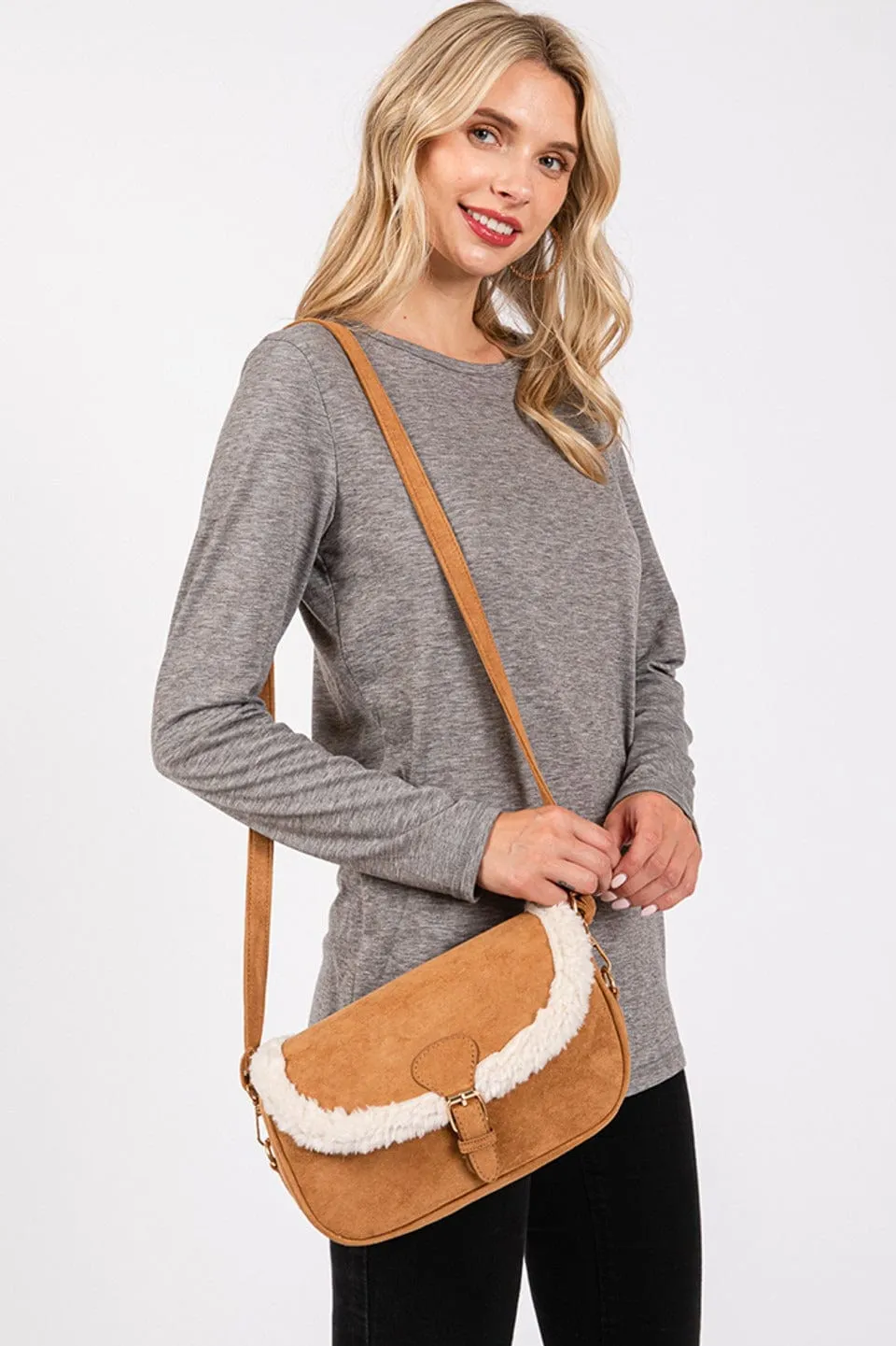 MB0261 Sherpa Trimmed Faux Suede Crossbody Bag