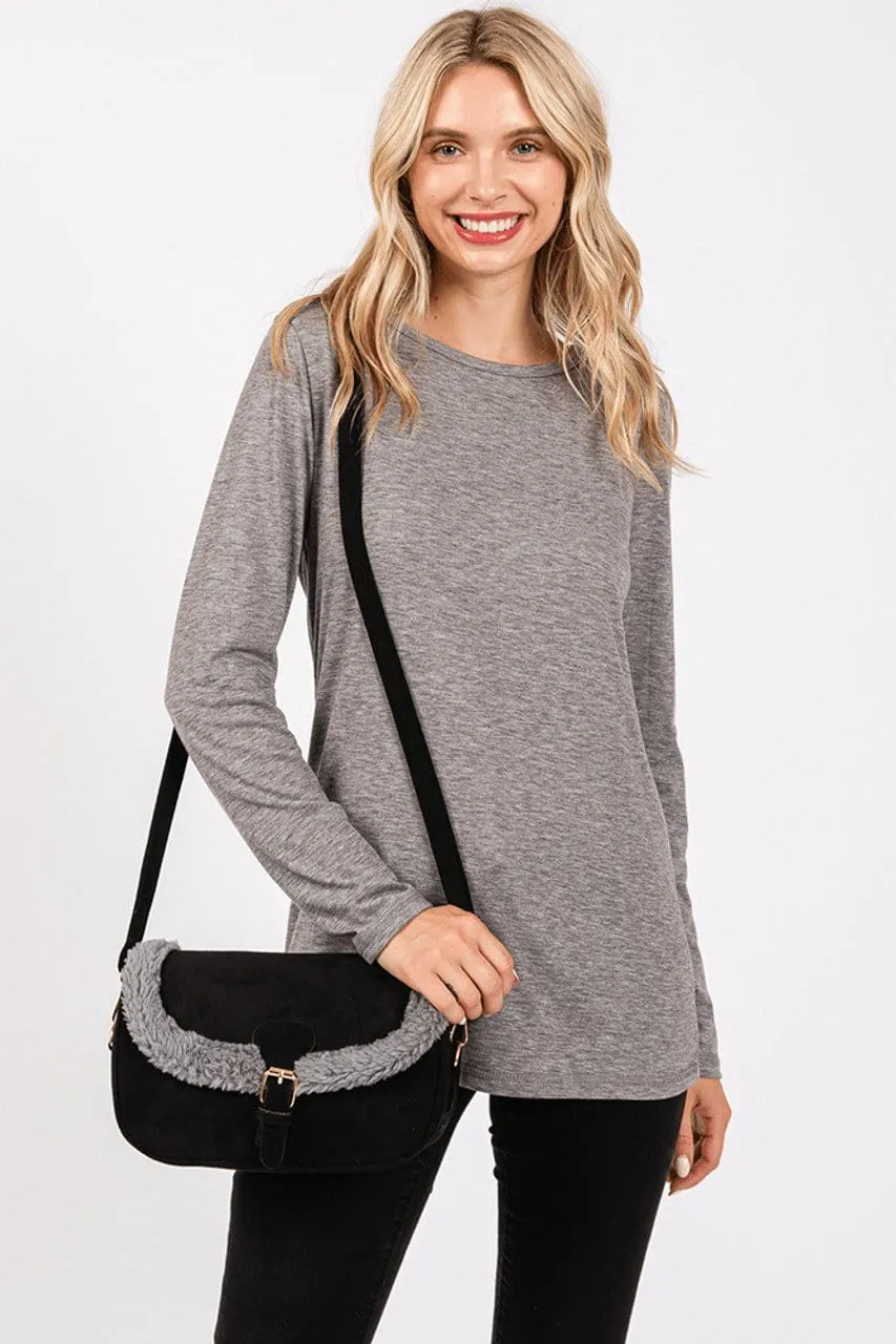 MB0261 Sherpa Trimmed Faux Suede Crossbody Bag