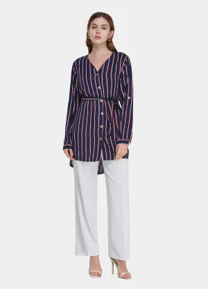 MECALA Women's High Low Hem Button Down Stripe Shirt
