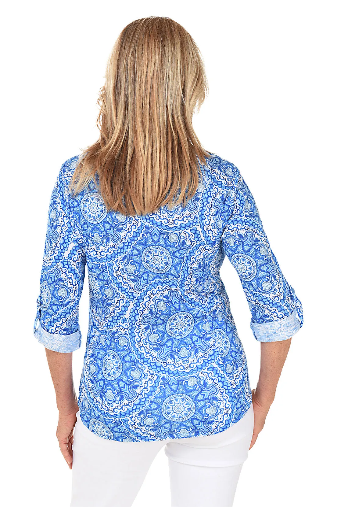 Medallion Roll-Tab Button-Front Knit Top