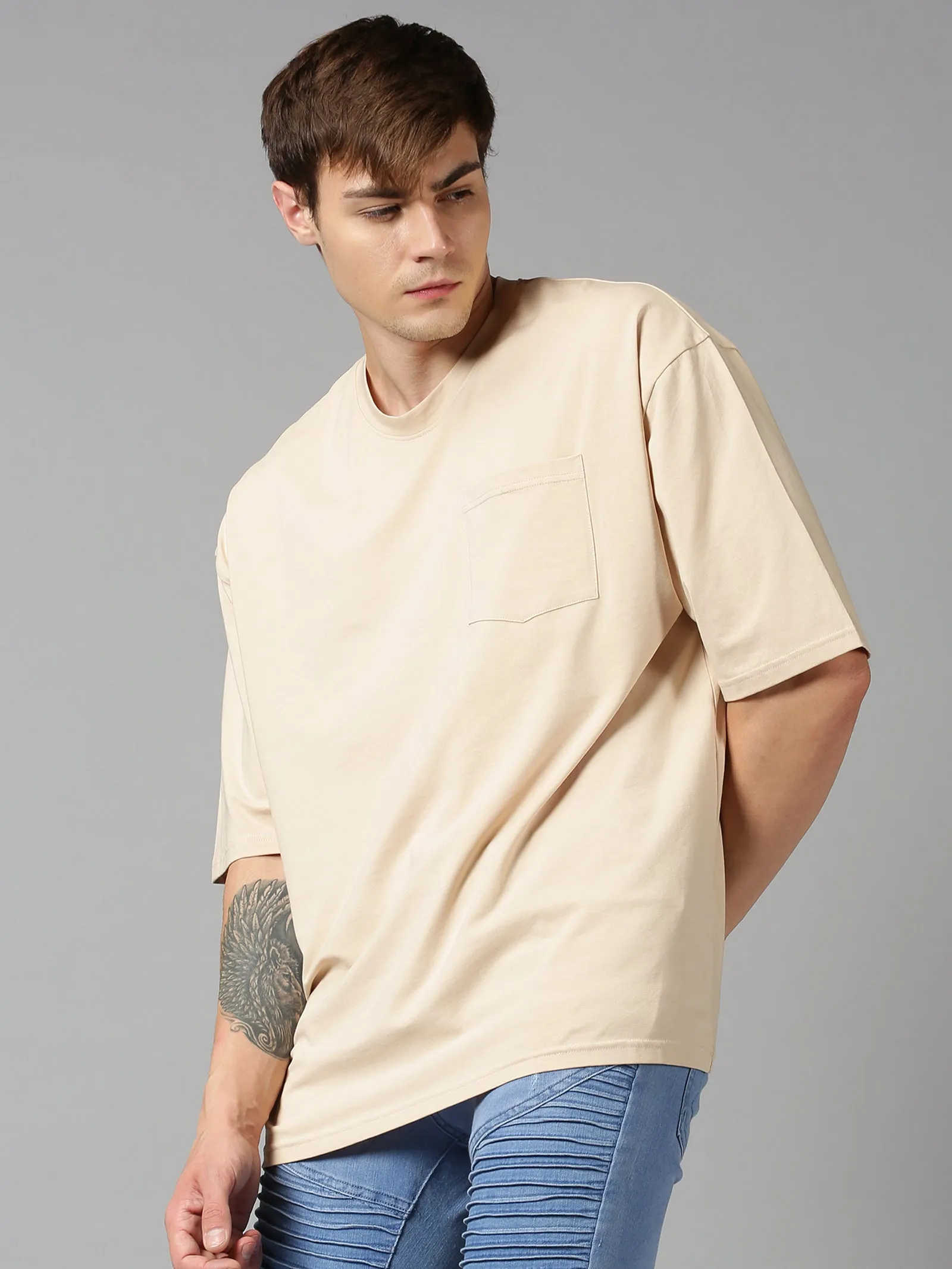 Men Beige Plain Solid Round Neck Organic Cotton Over Sized Loose Fit Half Sleeve Casual T-Shirt