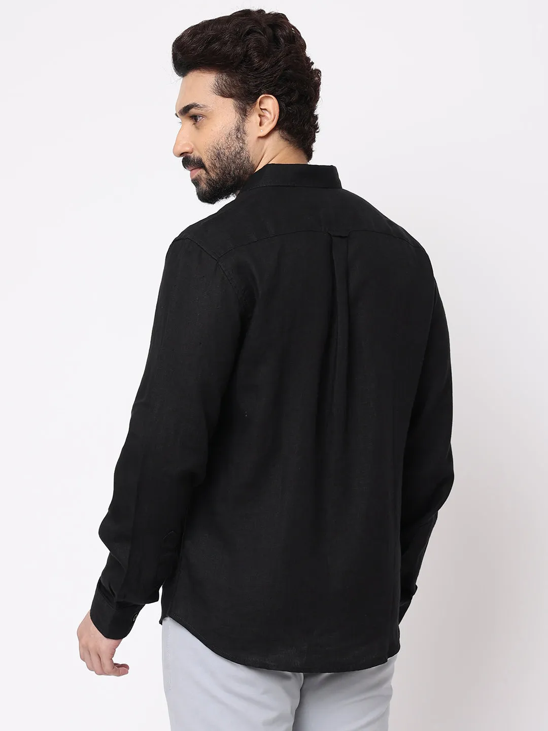 Men's Black 100% Linen Regular Fit Shirt