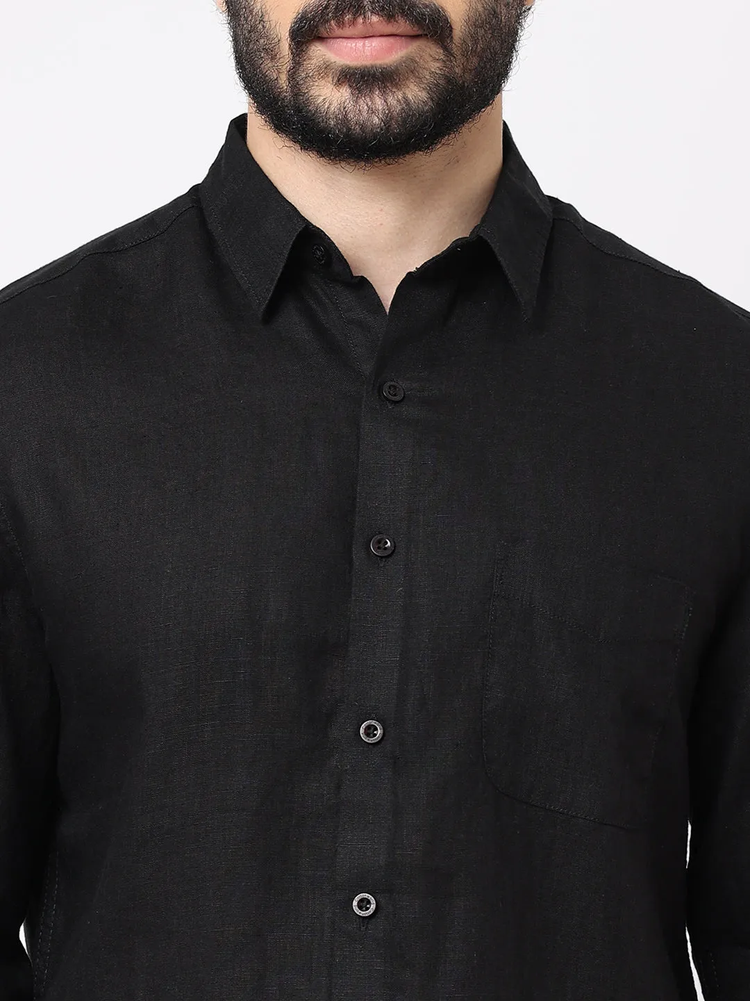 Men's Black 100% Linen Regular Fit Shirt