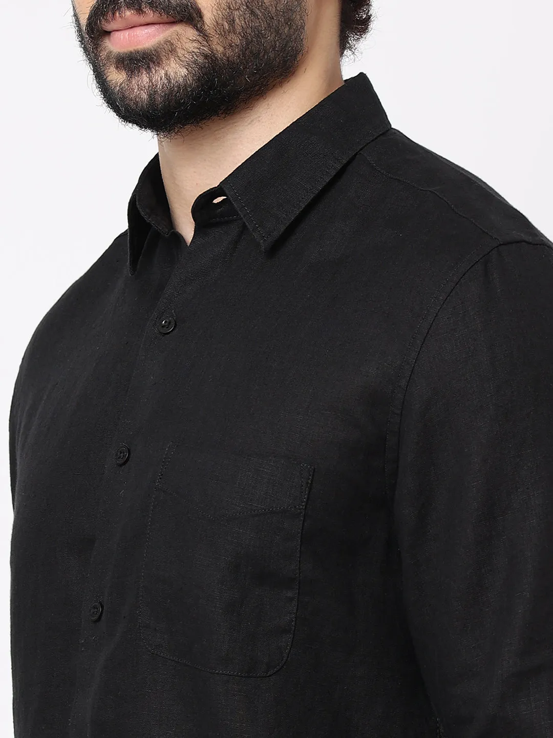 Men's Black 100% Linen Regular Fit Shirt