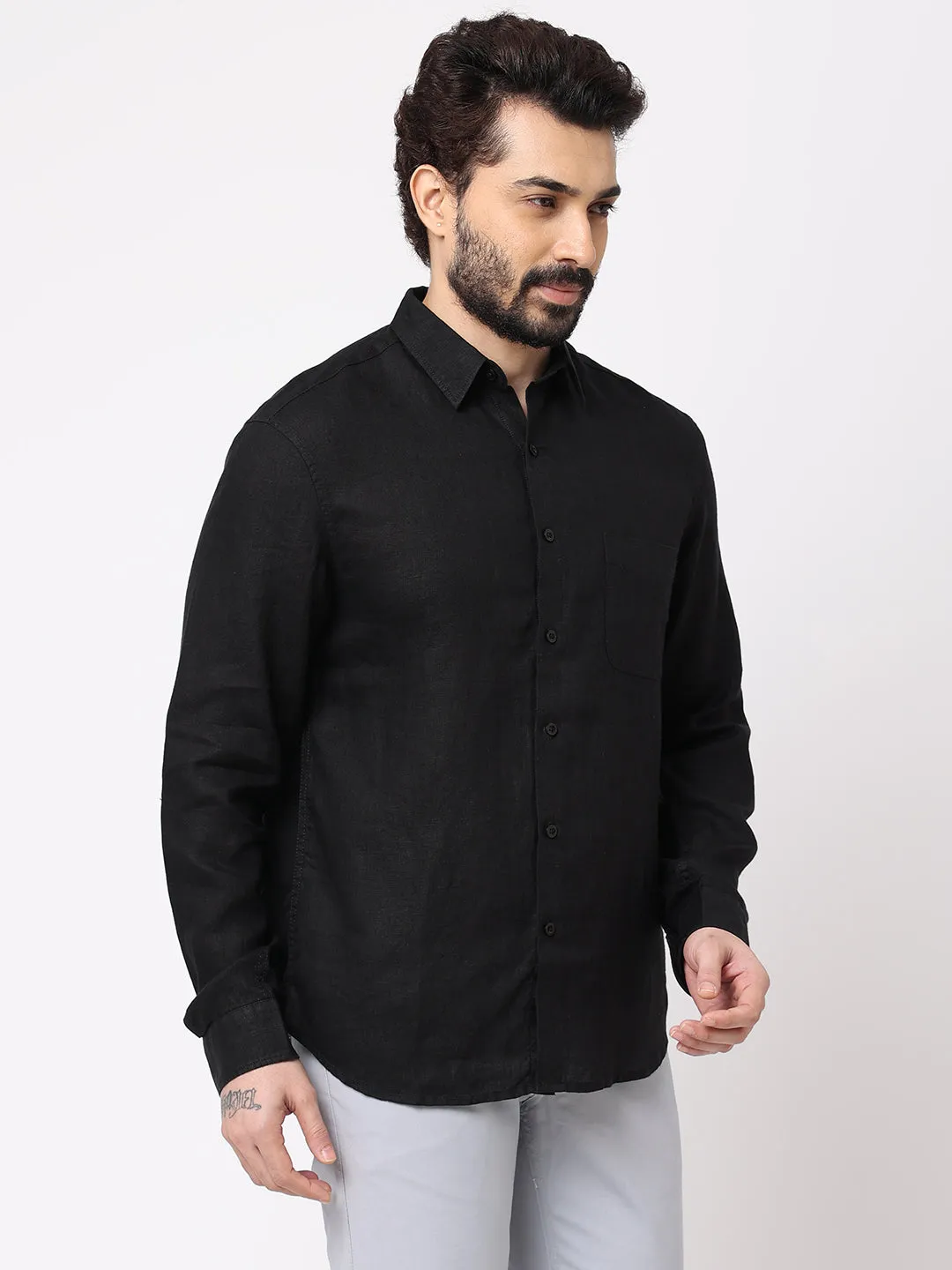 Men's Black 100% Linen Regular Fit Shirt