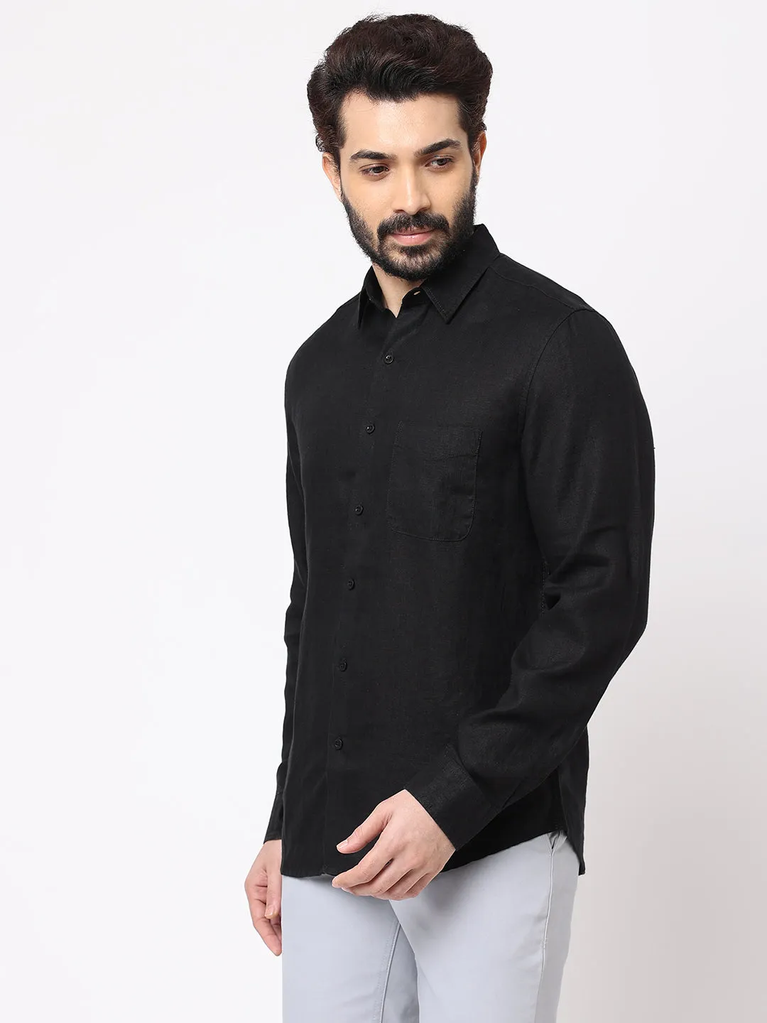 Men's Black 100% Linen Regular Fit Shirt
