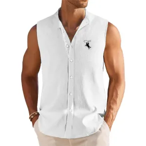 Men's Breathable Linen Lapel Beach Sleeveless Shirt 14835008YM