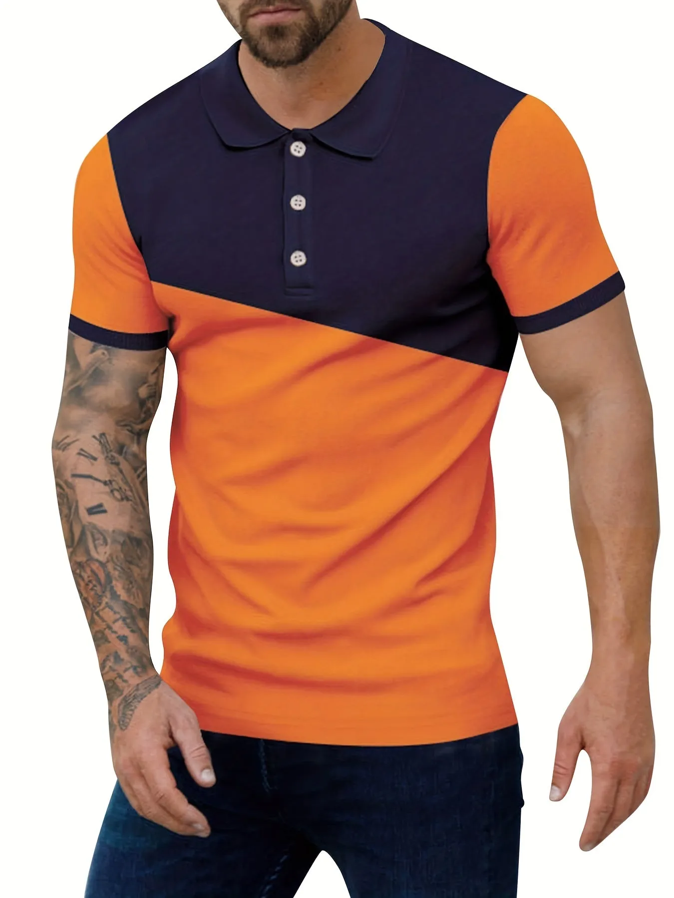 Men's Color Block   Shirt, Casual Slightly Stretch Breathable Lapel Button Up Short Sleeve