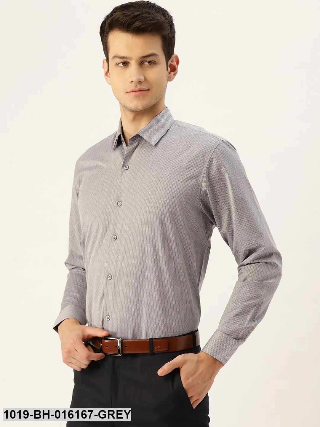 Men's Cotton Grey & Off White Striped Formal Shirt - Sojanya