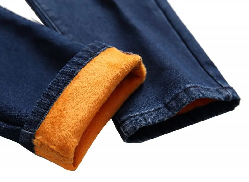 Men's Fleece Warm Jeans Straight Slim Fit Thickened Denim Trousers 33976921L