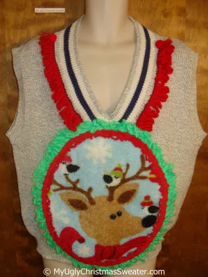 Mens Fluffy Reindeer Ugly Christmas Sweater Vest with Over The Top Decorations